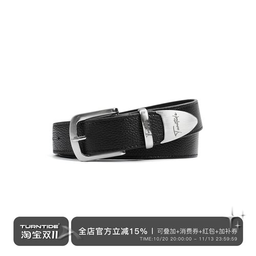 TURNTIDE  头层荔枝牛皮/小牛头层皮 带品牌金属装饰锌合金皮带