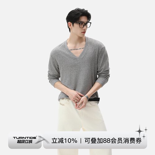 TURNTIDE 花纱V领落肩轻薄透气软糯长袖T恤 优雅显壮休闲通勤上衣