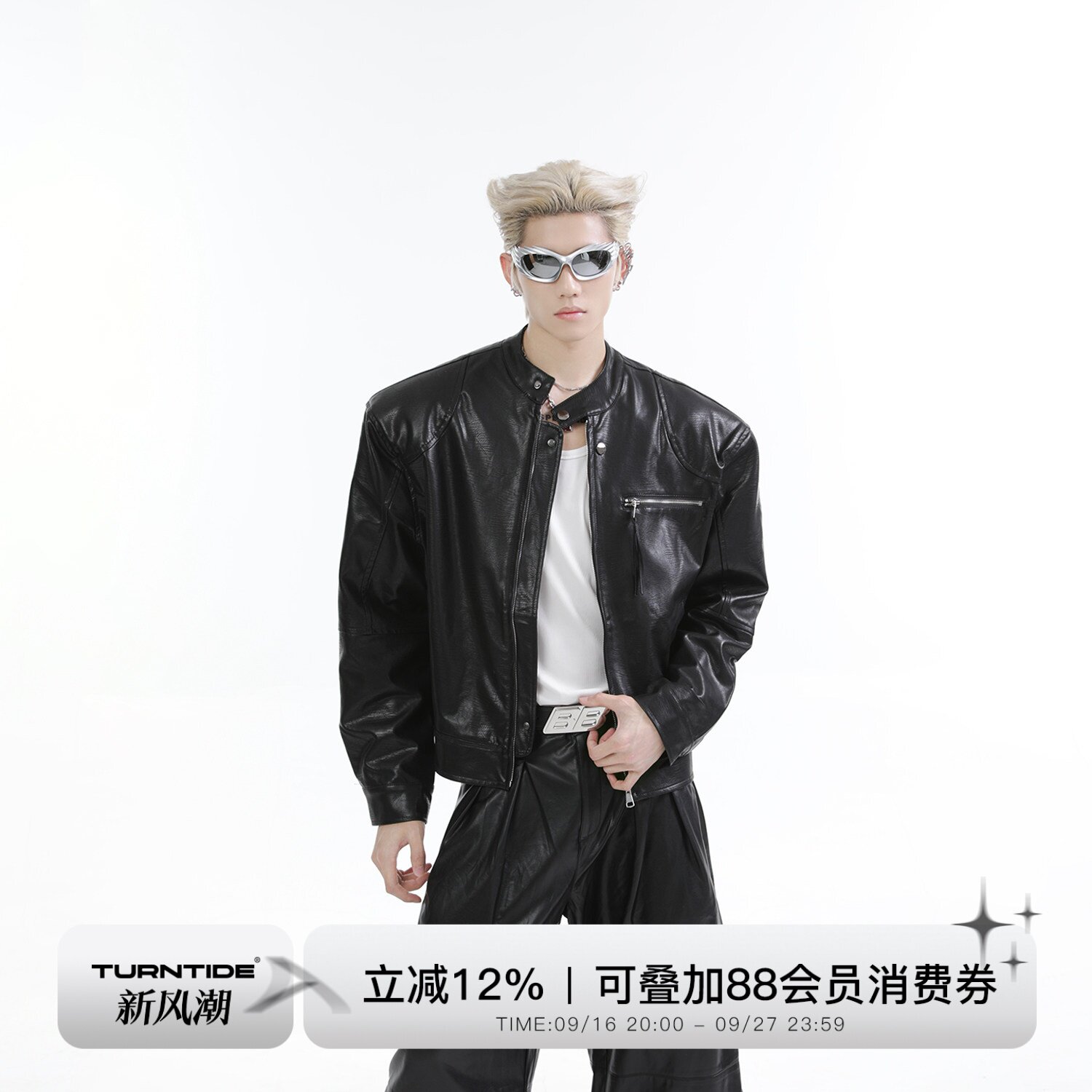 TURNTIDEPU垫肩短款皮衣图片