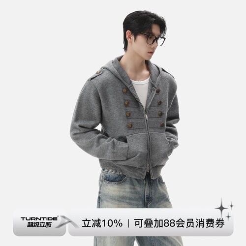 TURNTIDE 复古拿破仑连帽针织开衫抗起球双排扣短款廓形毛衣外套