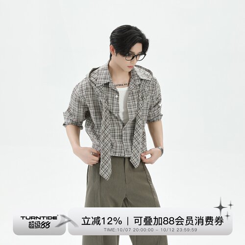 TURNTIDE 韩系复古透气连帽格纹长袖衬衫男宽松休闲cleanfit衬衣