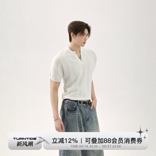 TURNTIDE小众V领设计感针织纯色T恤简约宽松百搭打底套头短袖上衣