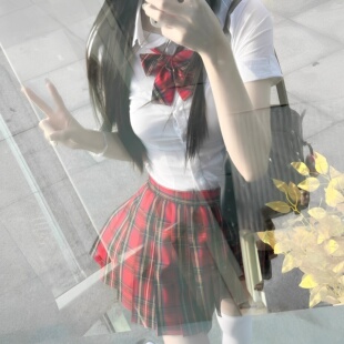 原创小辣椒JK制服裙正版高腰百褶短裙女红色格裙弹力收腰衬衫套装