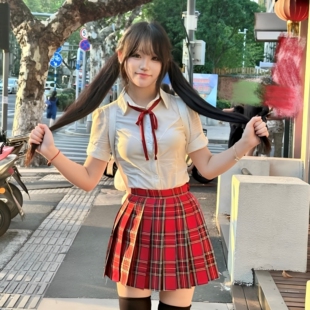 原创正版jk制服高腰半身百褶裙小辣椒红色狗短格裙女收腰衬衫套装