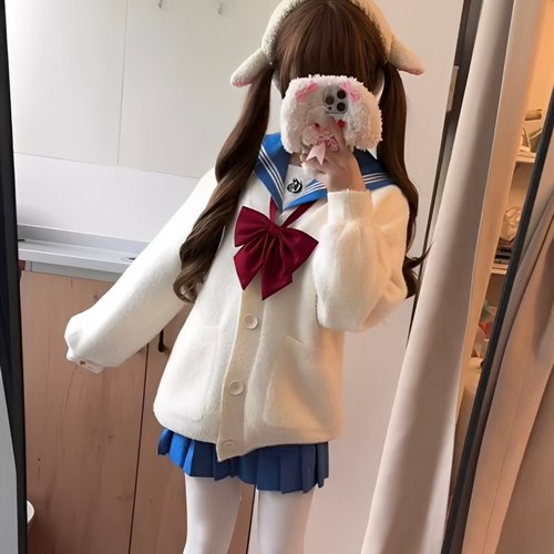 秋冬jk制服毛茸茸开衫毛衣女日系学院慵懒风小个子宽松毛绒绒外套