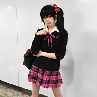 原创正版 女 小玫JK制服春秋日系学院风红色格裙百褶裙短裙毛衣套装