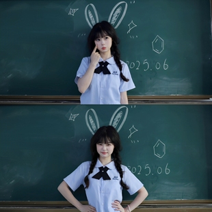 泰式校服jk制服泰国衬衫女生学院风刺绣短袖上衣毕业季班服裙套装