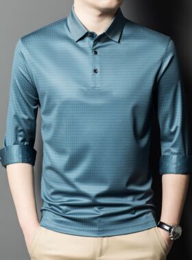 【冰凉丝滑】夏季长袖男商务含蚕丝暗条纹设计感PoLo衫 55809