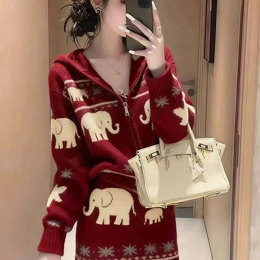 慵懒风红色针织提花套装女202毛衣