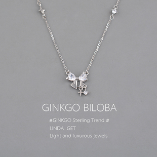 925纯银项链女小众星芒镶钻蝴蝶结吊坠生日送女友锁骨链轻奢刻字