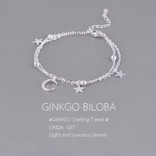 925纯银双层星月手链女生ins轻奢小众女士首饰品女朋友礼物潮刻字