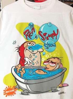The Ren and Stimpy Show卡通短袖T恤莱恩和史丁比潮牌OS落肩半袖
