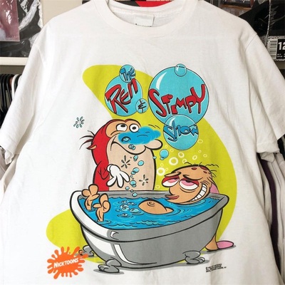 The Ren and Stimpy Show卡通短袖T恤莱恩和史丁比潮牌OS落肩半袖