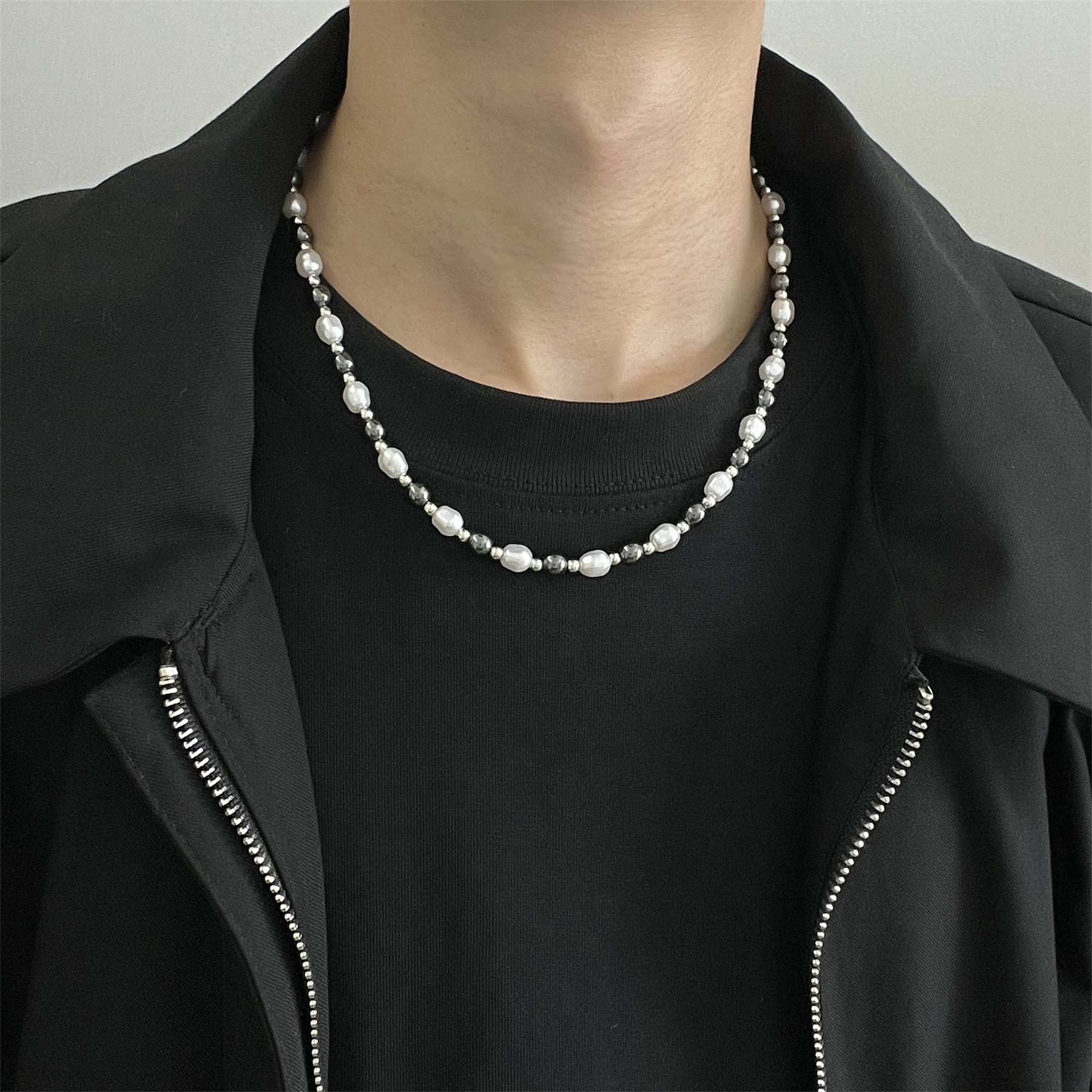 欧美新款黑胆石拼接珍珠项链