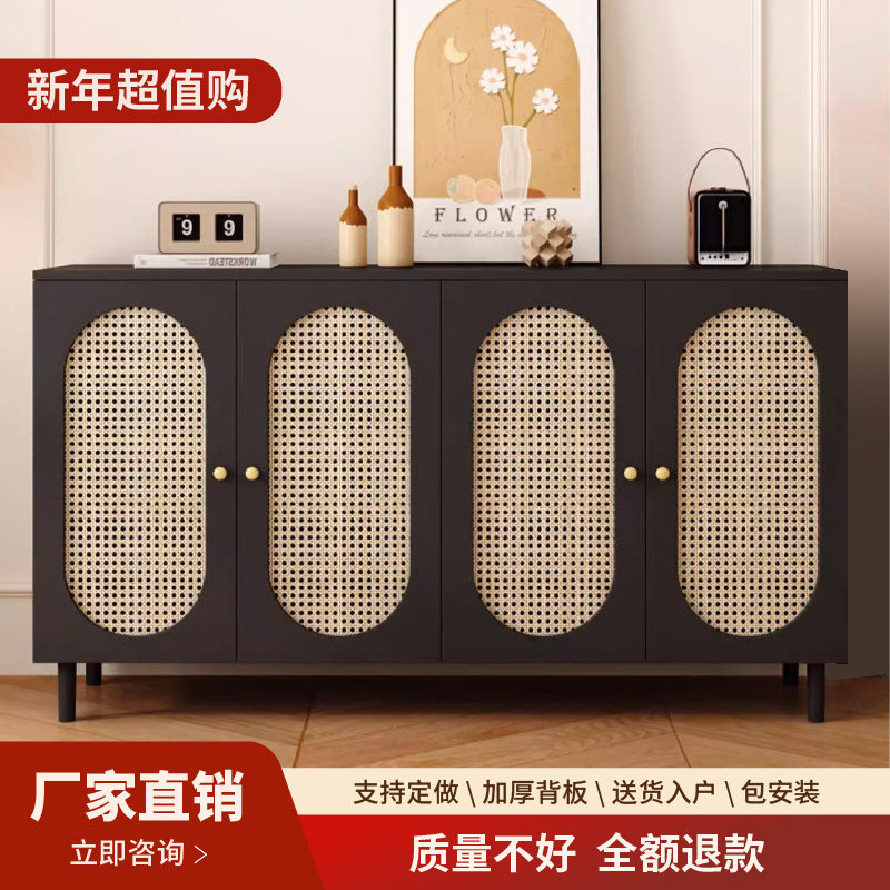 藤编复古黑色鞋柜门口家用入户简约现代玄关一体靠墙