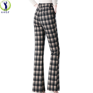 高尔夫衣服女长裤方格子微喇裤秋冬加厚加绒高腰显瘦休闲大码裤子