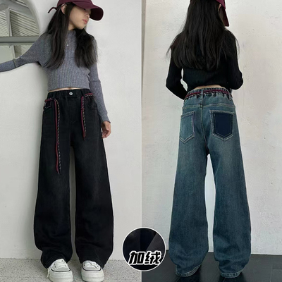 爱木橦加厚一体绒牛仔加绒阔腿裤