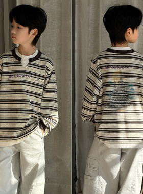 大E小e童装春装新款男童女童条纹卫衣儿童假两件洋气T恤长袖26037