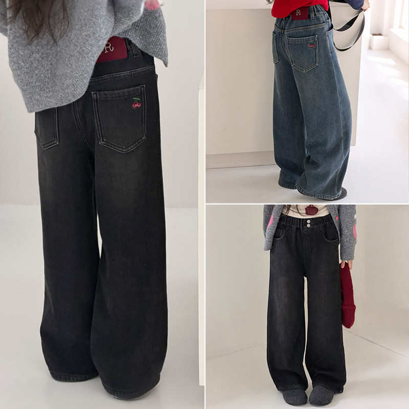 爱木橦冬女童刺绣直筒加绒牛仔裤