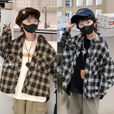 嗨大E小e秋长袖宽松格子衬衫外套