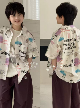 布芮欧25夏新款童装男童女童韩版花色衬衫儿童纯棉翻领短袖16180