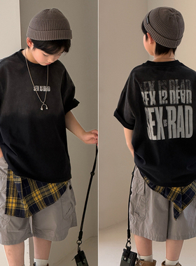 大E小e童装26夏季新款男童渐变酷黑短袖T恤儿童炸街纯棉上衣26080