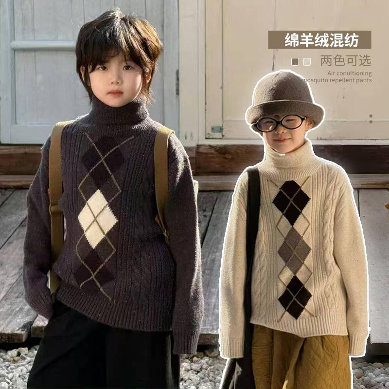 G+菱形格柔软绵羊绒混纺高领毛衣