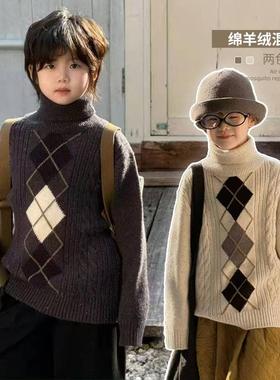 G+童装秋冬新款男童女童菱形格雪花高领毛衣柔软绵羊绒混纺6895