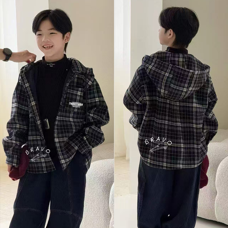 布芮欧儿童磨毛加绒格子衬衫外套