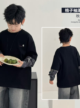 大E小e童装秋新款男童女童打底拼接格子袖假两件T恤儿童卫衣25166