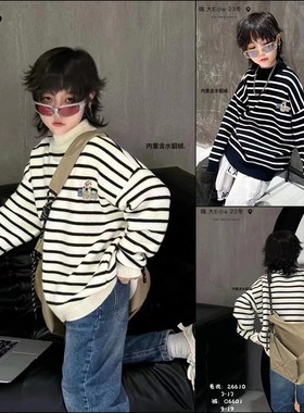 大E小e童装男童女童一体绒毛衣冬装新款儿童条纹仿水貂绒衫82563
