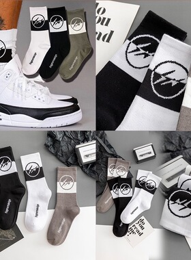 现货大闪电藤原浩联名AJ3搭配球鞋运动长袜潮个性拼接色篮球袜子