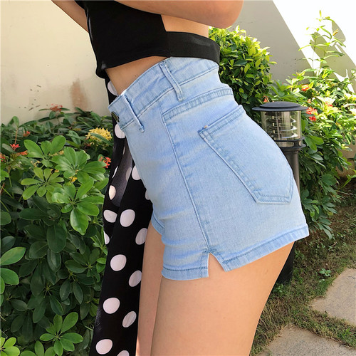 Real-time price control 35~high-waist retro elastic jeans show thin open-forked hot pants shorts