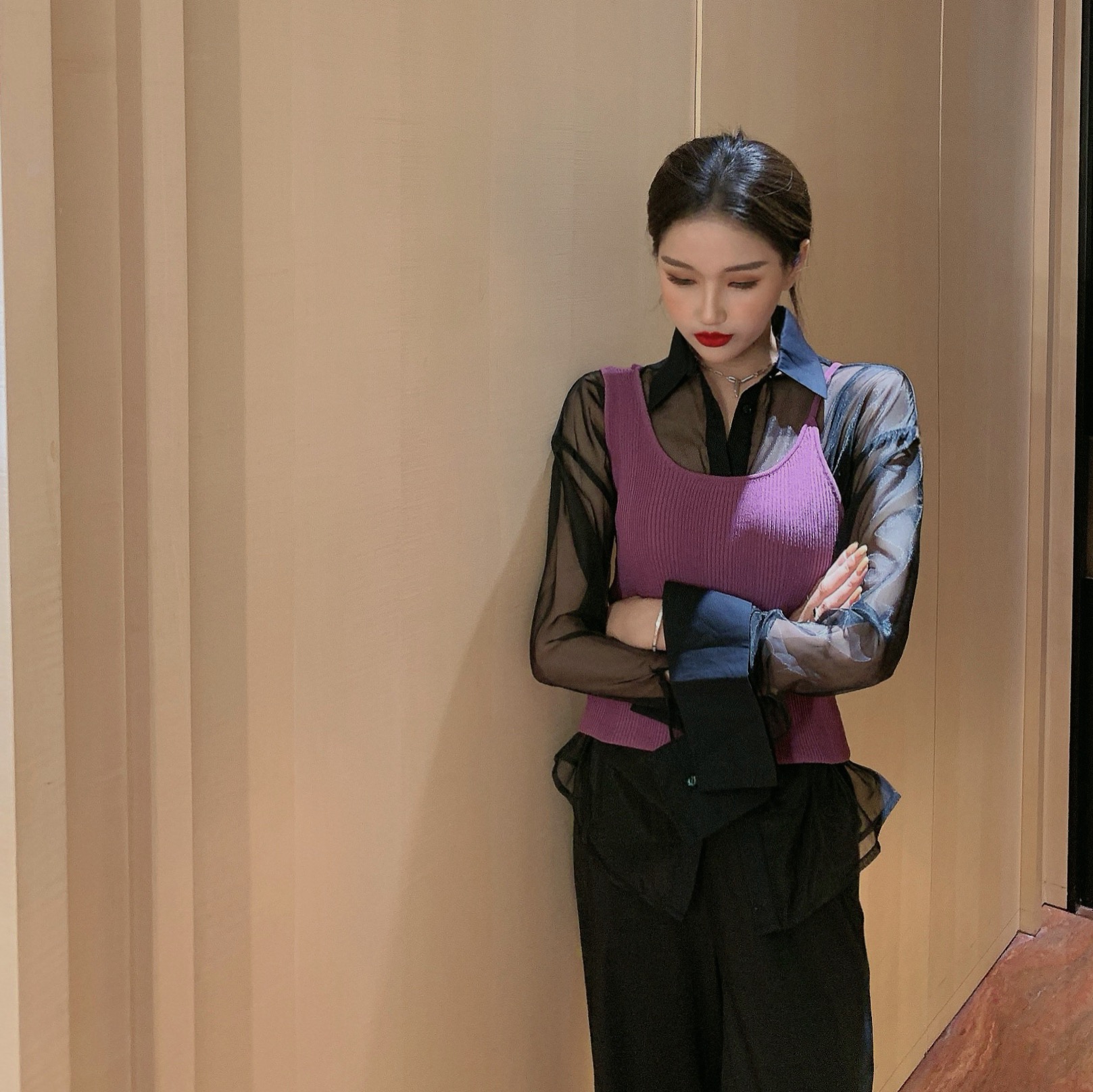 Real price retro irregular knitted suspender sun protection versatile perspective shirt