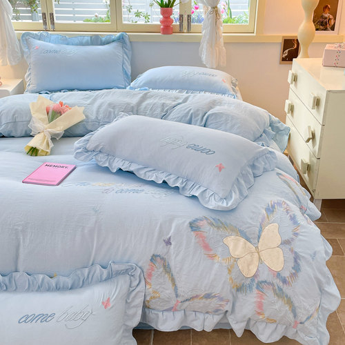 春宴 纯棉床上四件套100全棉公主风荷叶边被套床单床笠轻奢刺绣