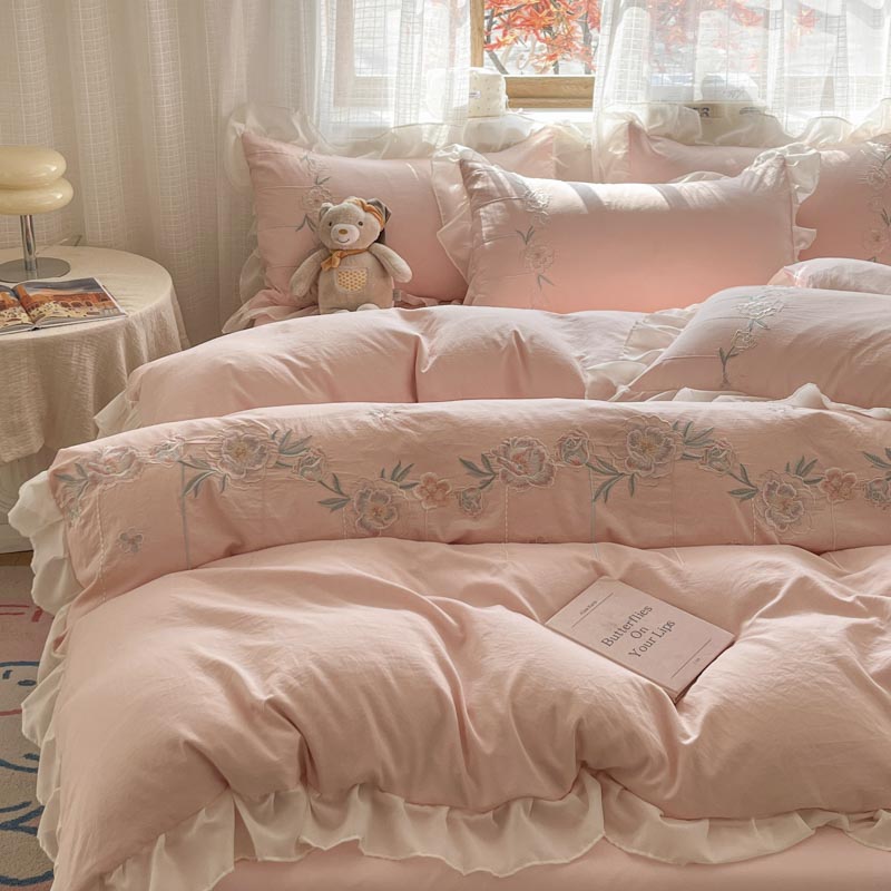 韩版公主风四件套纯棉全棉刺绣款少女花边被套亲肤裸睡床单床笠