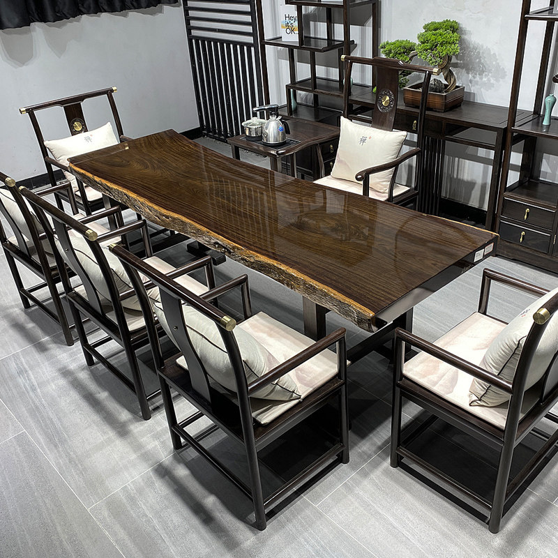 黑檀实木大板原木茶桌黑金紫光檀茶台书桌简约办公桌椅组合家具