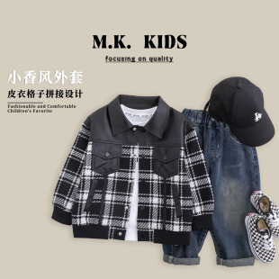 拼接夹克CA80104 格子外套潮版 儿童春款 皮衣外套小香风皮衣经典