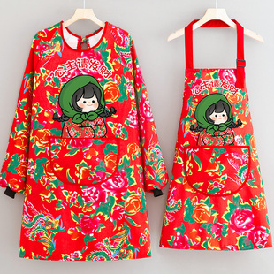 做饭围裙长袖民族风东北大花时尚厨房罩衣新款工作服过年喜庆耐脏