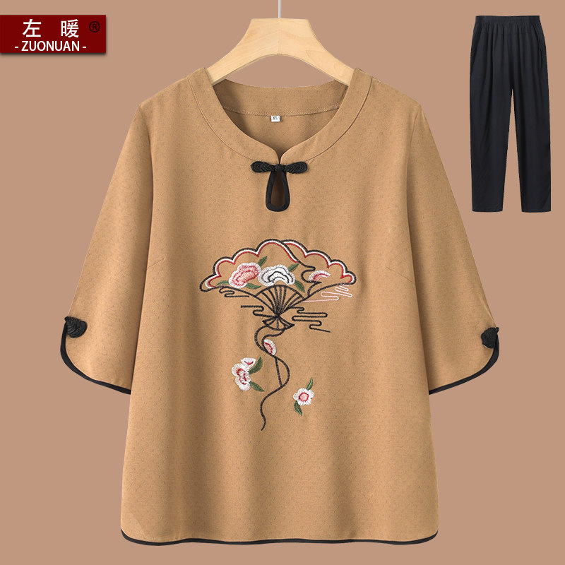 中老年人夏季中袖套装女奶奶国风T恤两件套妈妈唐装短袖太太衣服