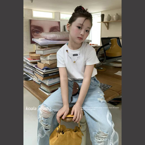 潮牌koala！亲子潮牌！女童中大童极简风小短款修身圆领短袖T恤