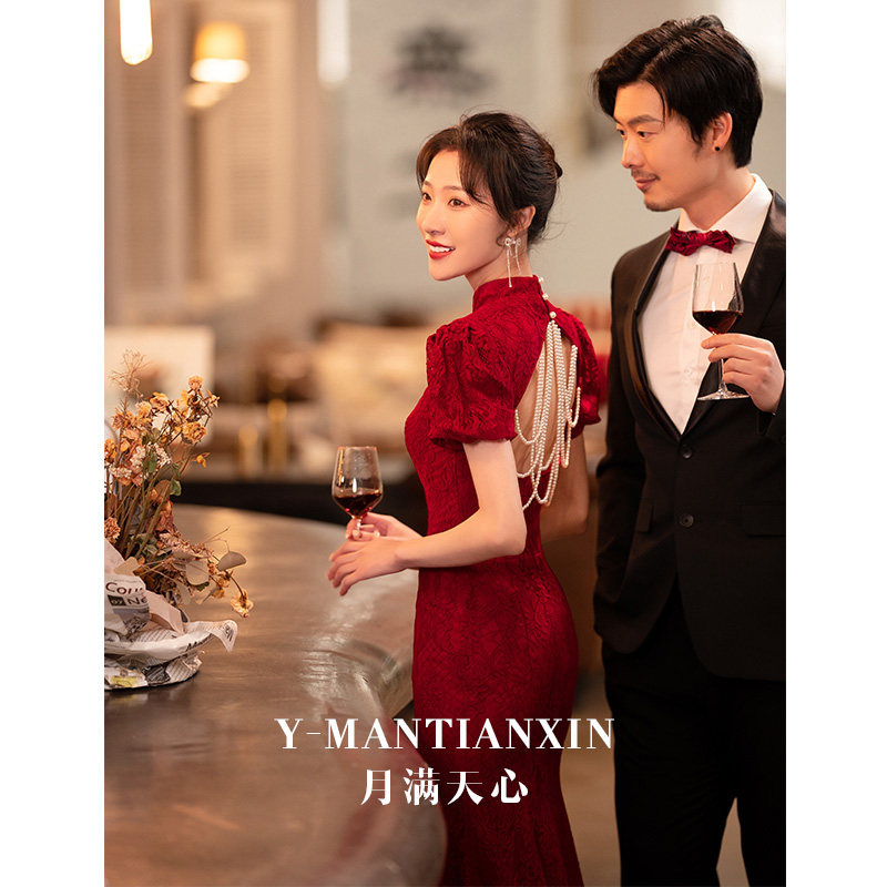 敬酒服新娘2022新款酒红色蕾丝中式订婚旗袍连衣裙平时可穿高级感