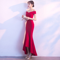 Toast the bride 2019 new style of Autumn Wedding red fish tail temperament long female slim slim evening dress