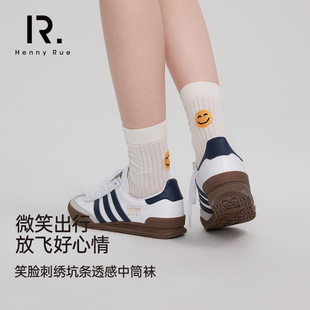 HENNY 笑脸刺绣坑条透感中筒袜 RUE春夏女士韩版