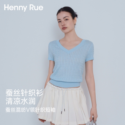 HENNY RUE亨尼露春夏女士V领针织麻花纹短袖春女休闲T恤修身