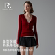 HENNY 百搭打底衫 RUE亨尼露秋冬女士系扣坑条显瘦 毛衫