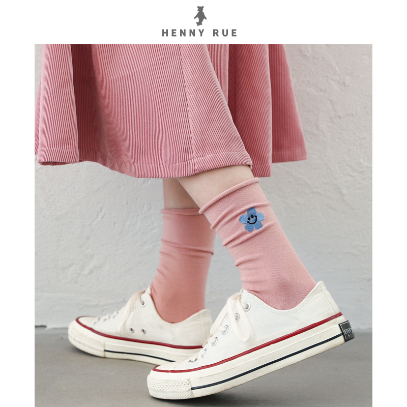 预售15天 HENNY RUE小雏菊笑脸棉袜卷边抗菌女士中筒袜ins潮袜子