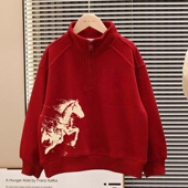 男童冬季 儿童中大童加厚本命新年马年拜年服 加绒红色卫衣2026新款