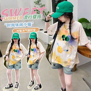 女童短袖t恤夏装2025新款女孩夏季时尚上衣女大童韩版嘻哈宽松长t