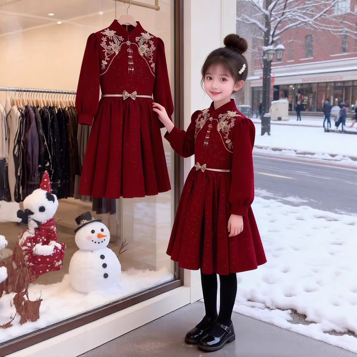 女童喜庆中国风连衣裙秋冬红色立领收腰中大童高级感加绒拜年服潮